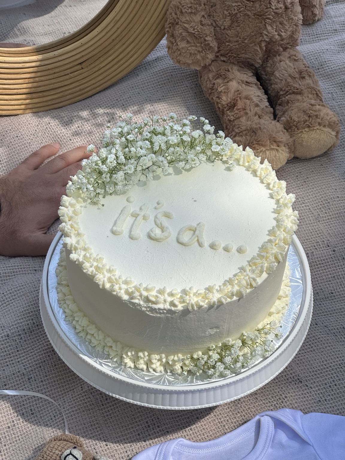 White custom celebration cake made and decorated by Sara